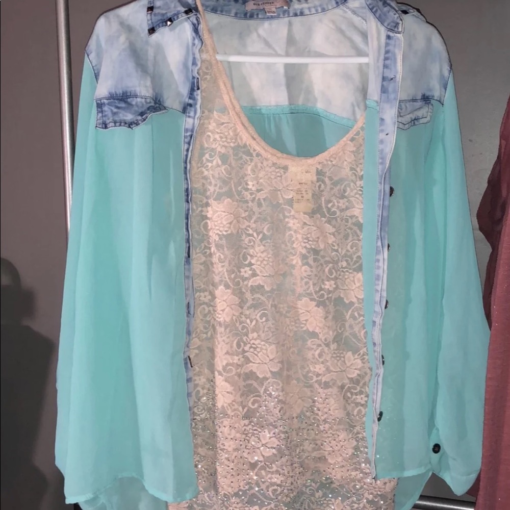 Buckle tops button up with a matching tank top